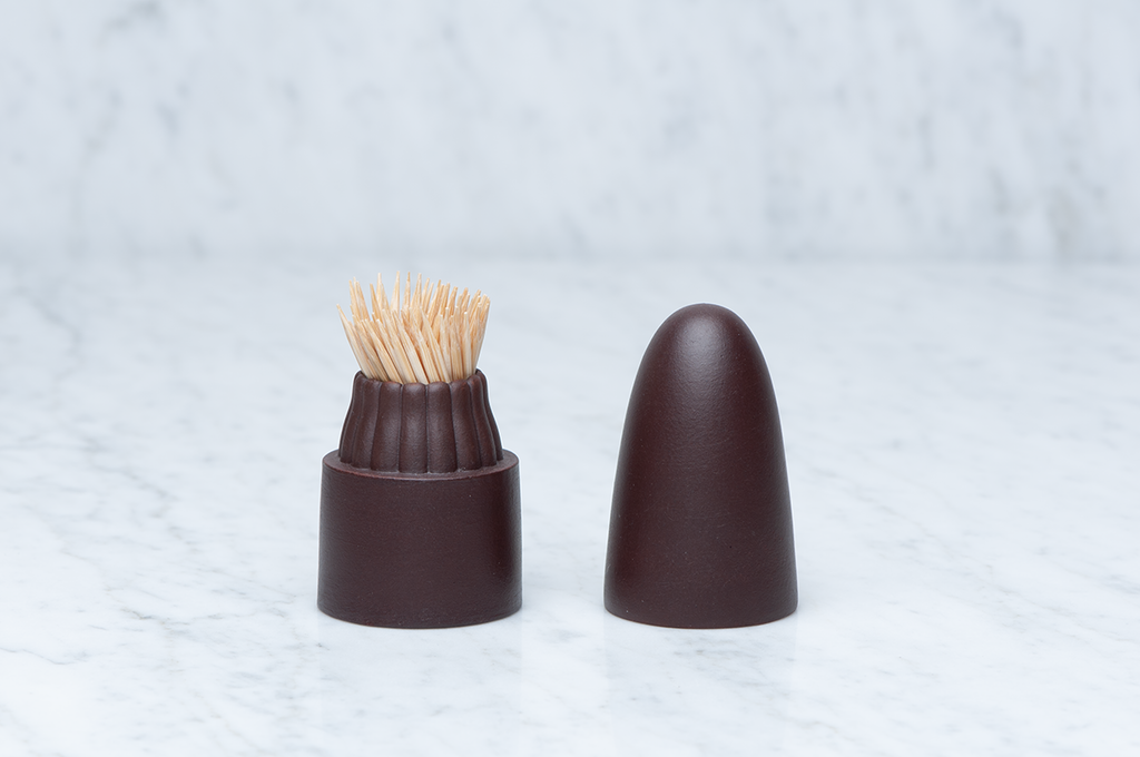 Mörkbrun rundtoppad tandpetarburk i keramik med locket av